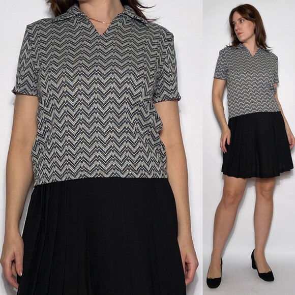 Vintage 1990s Grey CHEVRON Knit Collared Tee Shirt! Very Buffy! Medium to Large - Picture 1 of 6